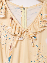 総柄  フリルカラー 長袖ワンピース