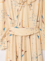 総柄  フリルカラー 長袖ワンピース