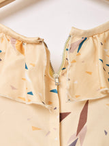 総柄  フリルカラー 長袖ワンピース