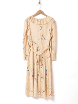 総柄  フリルカラー 長袖ワンピース