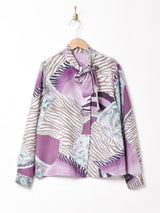 総柄 長袖 ボウタイブラウス