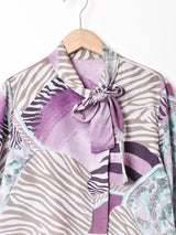 総柄 長袖 ボウタイブラウス