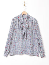 総柄 長袖 ボウタイブラウス