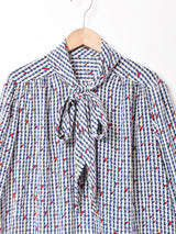 総柄 長袖 ボウタイブラウス