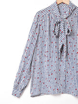 総柄 長袖 ボウタイブラウス