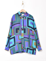 総柄 長袖 シルクシャツ