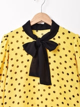 ドット柄 長袖 ボウタイブラウス