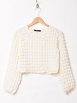 【2色展開】 エンボス 長袖 クロップドトップス