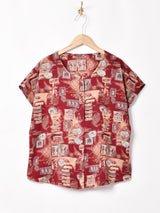 総柄 ノーカラー半袖シャツ