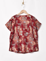 総柄 ノーカラー半袖シャツ