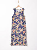 リネン混 花柄スリーブレスワンピース
