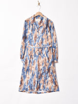 イギリス製 ベルト付き 総柄 オープンカラー 長袖ワンピース