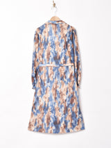 イギリス製 ベルト付き 総柄 オープンカラー 長袖ワンピース