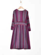 ストライプ ノーカラー 長袖ワンピース