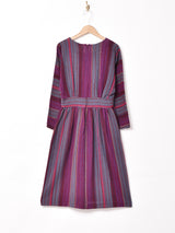 ストライプ ノーカラー 長袖ワンピース