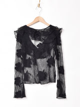 フリルカラー 長袖 チュールトップス