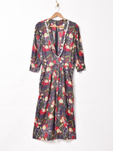 アメリカ製 レースカラー Vネック 総柄 長袖ワンピース