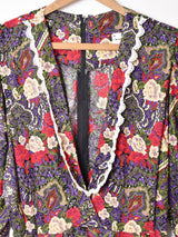 アメリカ製 レースカラー Vネック 総柄 長袖ワンピース