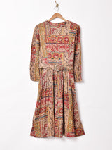 ベルト付き ノーカラー 総柄 長袖ワンピース