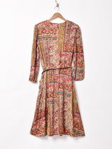 ベルト付き ノーカラー 総柄 長袖ワンピース