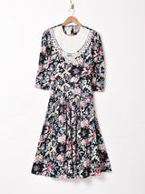 花柄 ビブカラー 7分袖ワンピース