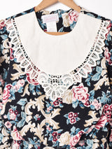 花柄 ビブカラー 7分袖ワンピース