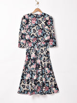 花柄 ビブカラー 7分袖ワンピース