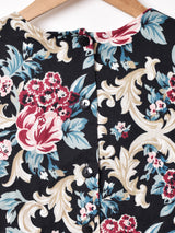 花柄 ビブカラー 7分袖ワンピース