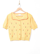 Elcamino花刺繍 半袖ニットカーディガン