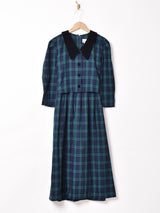 チェック ベロアカラー パフスリーブワンピース