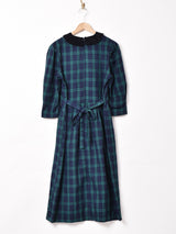 チェック ベロアカラー パフスリーブワンピース