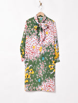 花柄 ボウタイ 長袖ワンピース