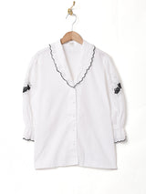 花刺繍 フリルカラー 7分袖ブラウス