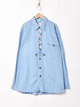 花刺繍 長袖 デニムチロルシャツ