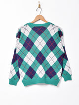 Meridian アーガイル柄 長袖ニットカーディガン