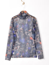 【3色展開】Meridian 総柄 タートルネック 長袖 メッシュトップス