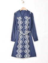 ドット柄 刺繍 長袖シャツワンピース