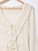 フリル 長袖 クロシェカーディガン