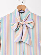 ストライプ ボウタイ 半袖ブラウス