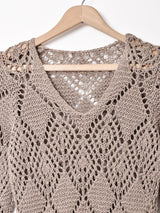 Vネック ダイヤ柄 長袖 クロシェトップス