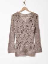 Vネック ダイヤ柄 長袖 クロシェトップス