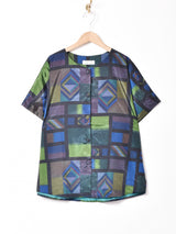 総柄 ノーカラー 半袖シャツ