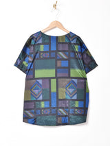 総柄 ノーカラー 半袖シャツ