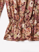 花柄 フリルカラー 長袖 ペプラムトップス