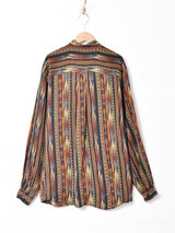 総柄 ノーカラー 長袖 シルクシャツ