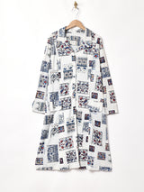 総柄 長袖 オープンカラーワンピース