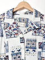 総柄 長袖 オープンカラーワンピース