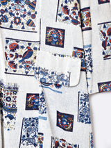 総柄 長袖 オープンカラーワンピース