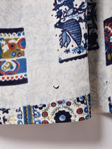 総柄 長袖 オープンカラーワンピース