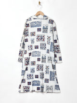 総柄 長袖 オープンカラーワンピース